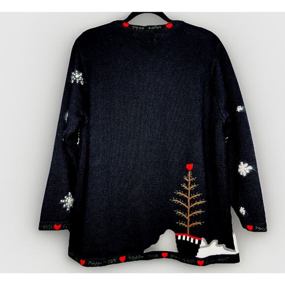 Vintage Quacker Factory Black Cardigan 1X Snowmen Christmas Winter Cat Holiday - Picture 6 of 9